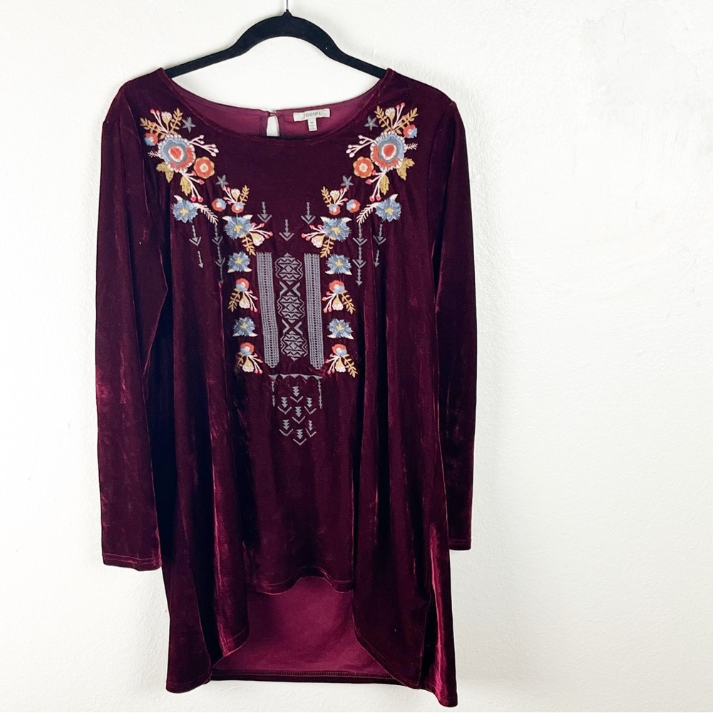 JODIFL Burgundy Embroidered Velvet Hi Low Hem Long Sleeve Tunic Top Medium Boho